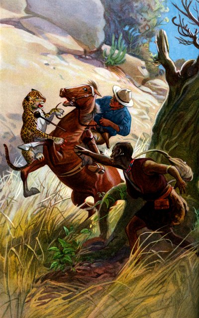 Gepard und afrikanischer Stammeskrieger greifen Pferd und Reiter an von George Soper